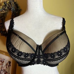 CACIQUE Size 42DDD Black Lace Nude Illusion Pad Bra PushUp Underwire SEXY $58NEW